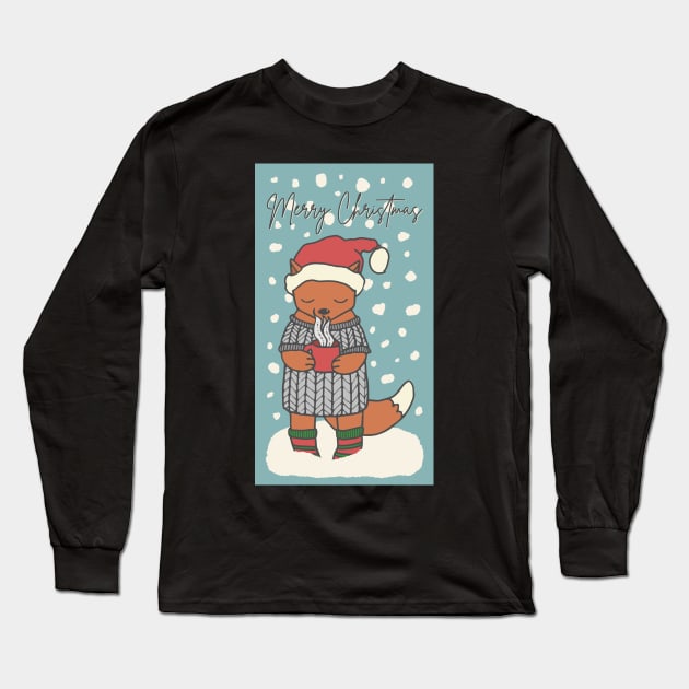 Merry Christmas , cute little fox drinking hot chocolate in the snow Long Sleeve T-Shirt by marina63